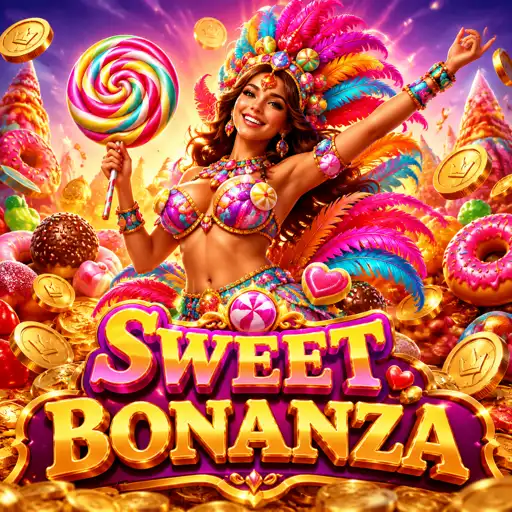 Slot colorido Sweet Bonanza com doces e frutas caindo